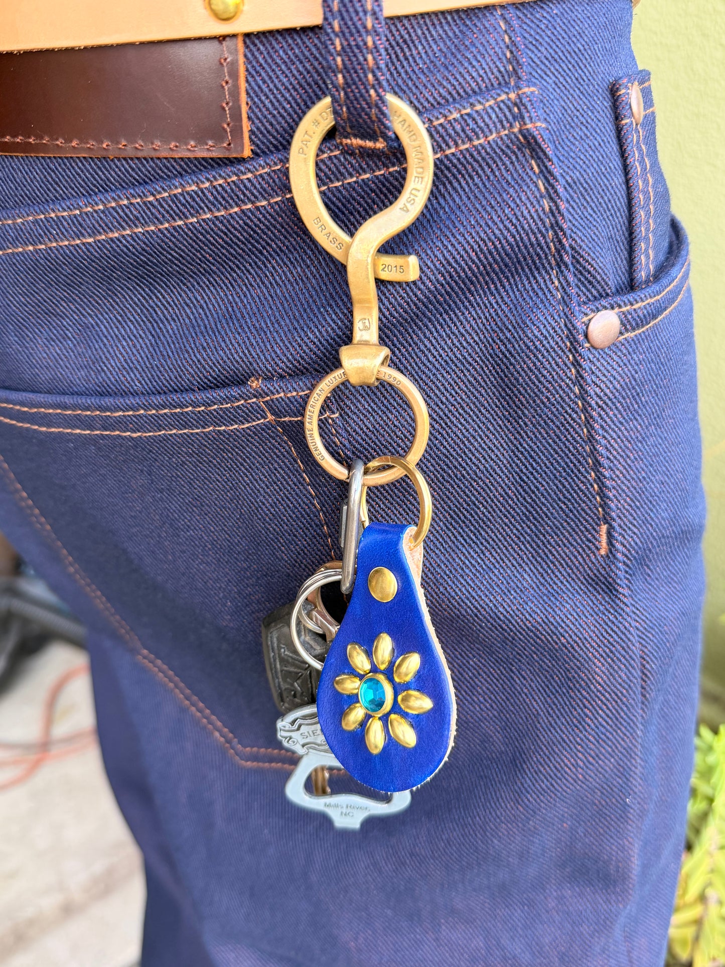 Leather Studded Floral Keychain with Rhinestone