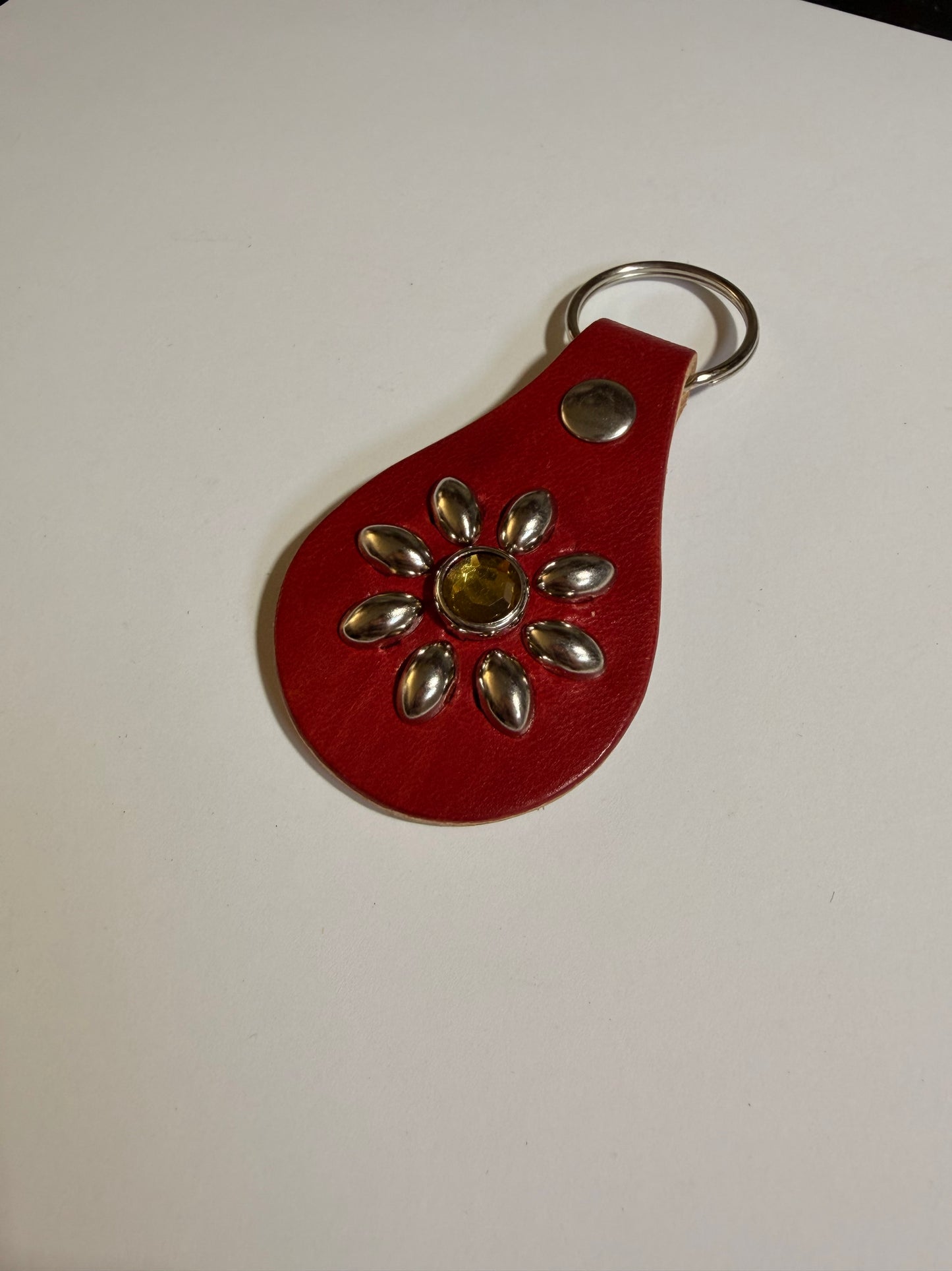 Leather Studded Floral Keychain with Rhinestone