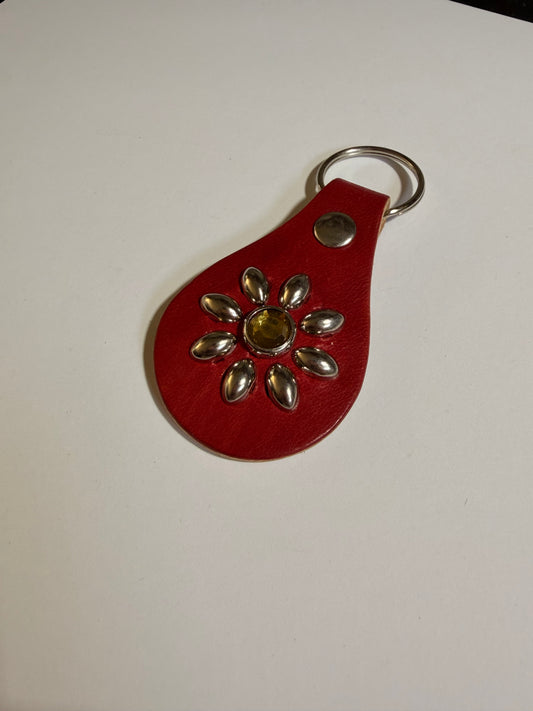 Leather Studded Floral Keychain with Rhinestone