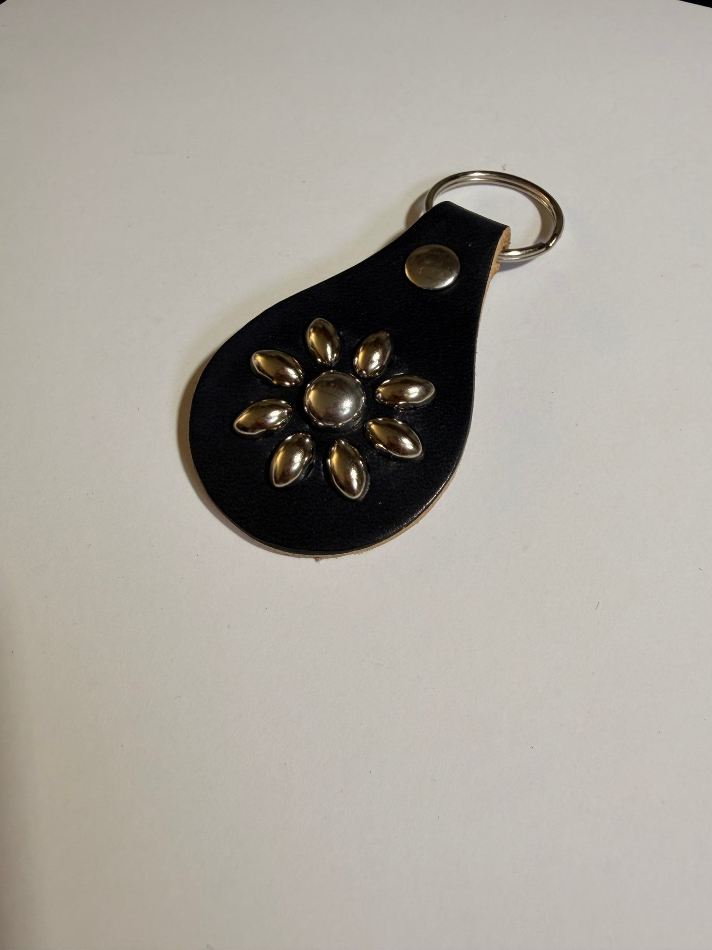 Black Leather Studded Floral Keychain without Rhinestone