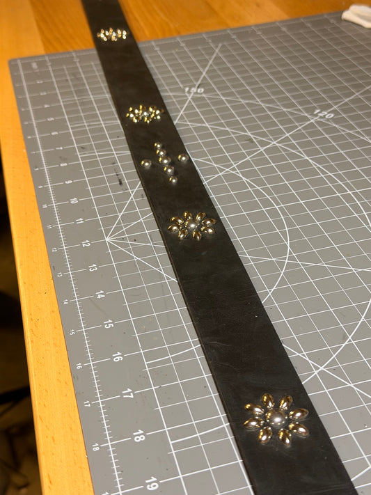 Black Studded Floral Leather Belt - Solid Brass Made In Japan Buckle