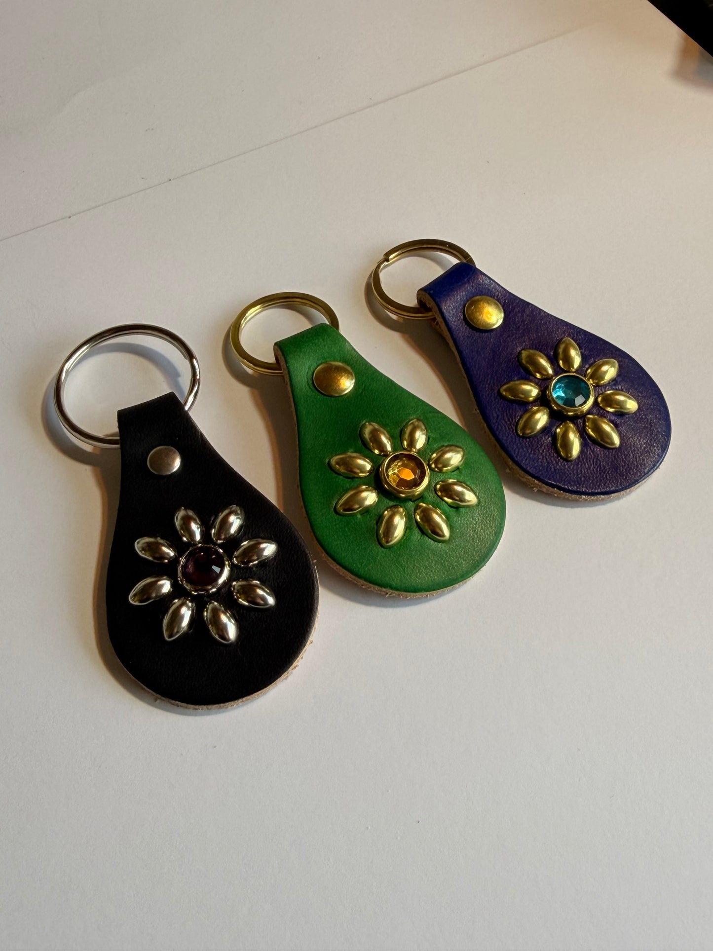 Leather Studded Floral Keychain with Rhinestone
