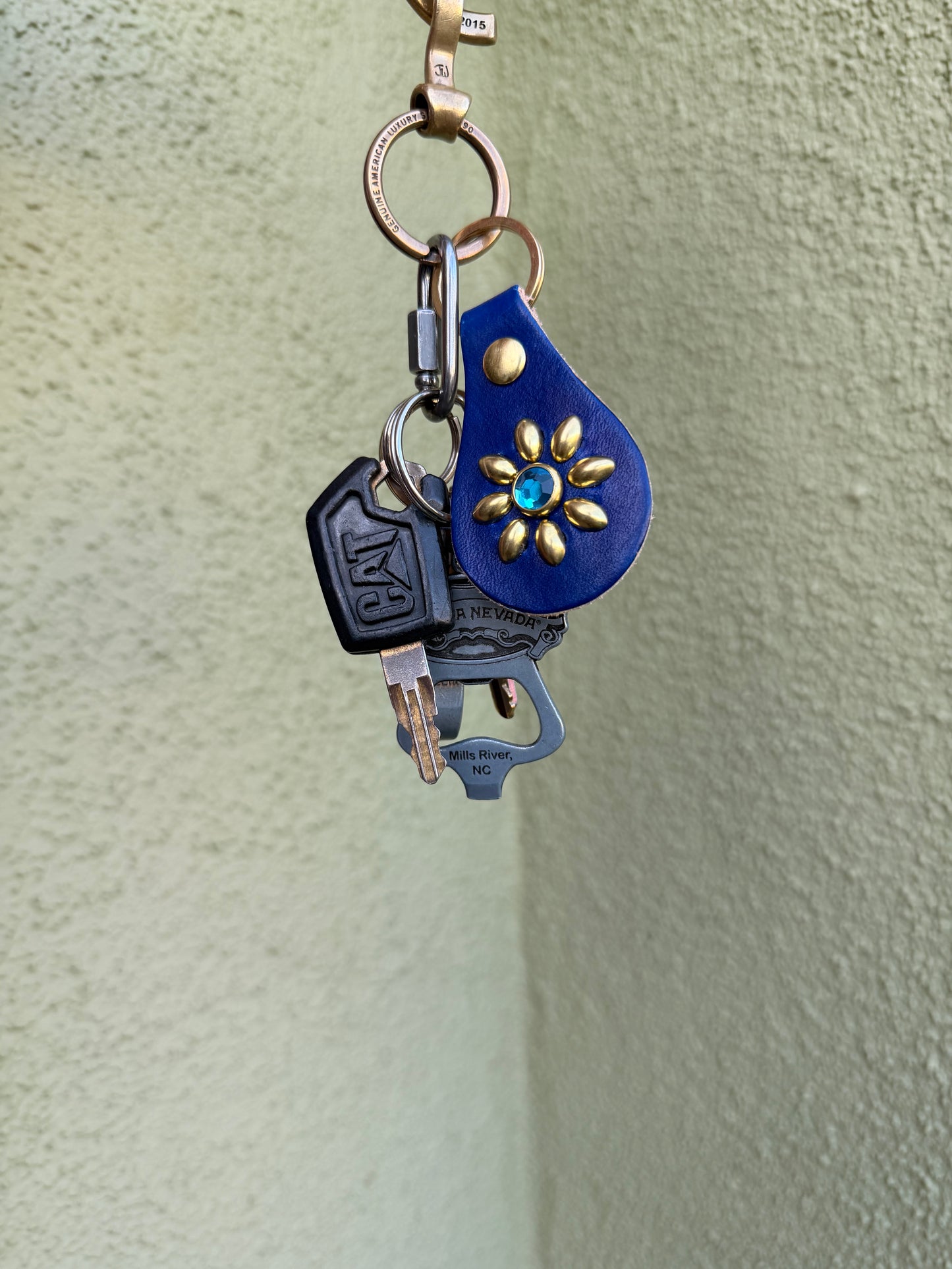 Leather Studded Floral Keychain with Rhinestone